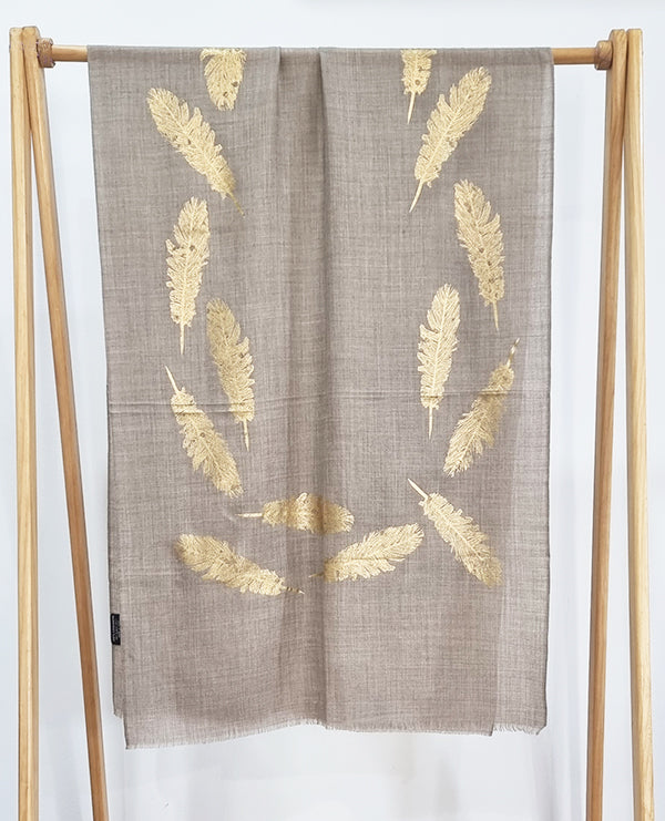 Stone Pashmina with Gold Feather Print